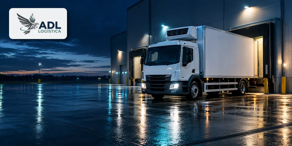Caminhão refrigerado da ADL Logística estacionado diante das docas de um centro de distribuição à noite