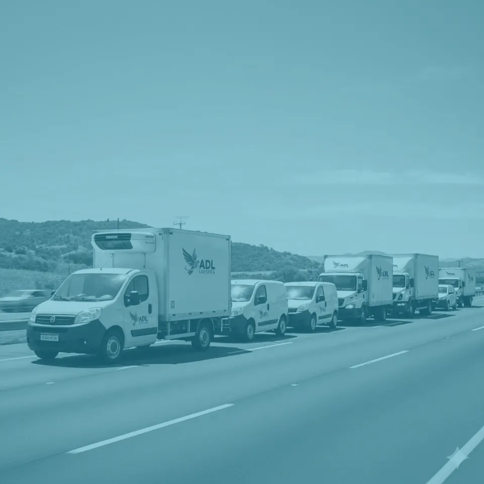 Fila de caminhões e utilitário da frota ADL Logística em rodovia