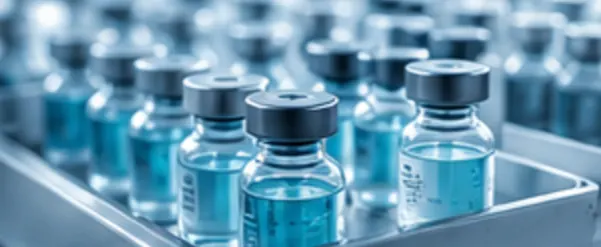 Frascos de medicamentos enfileirados em bandeja de aço inoxidável